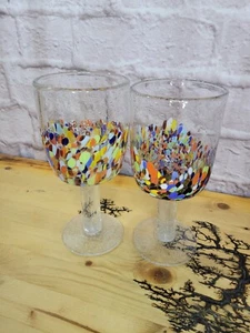 Baja Confetti Glass Water Goblets Set of 2 Mexican Hand Blown 8" - Picture 1 of 7