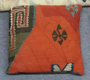 Vintage Turkish Anatolian Kilim Pillow Cushion Hand Woven Wool 16" x 16" - Picture 1 of 2