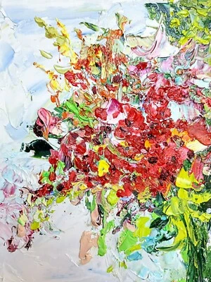 Abstrakte Rote Blumen Ölmalerei 15x20 cm Blumenstrauß Ölgemälde auf Karton - Bild 1 von 4