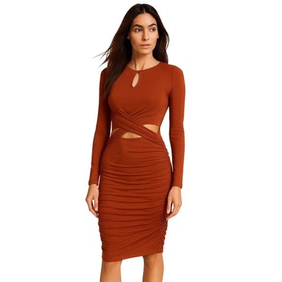 Vestido Rachel Pally Rojo Torcido Corte Frontal Acanalado Manga Larga Talla S Jersey Elástico Foto 1 de 4