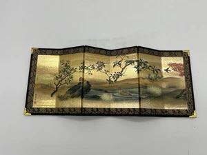 Japanese Folding Screen Seasonal Flowers Birds and Cherry Blossoms 14.6 x 5.5 in - Picture 1 of 4