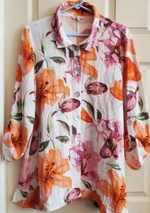 John Mark Womans L Jacket Blazer Relaxed Linen-Look Casual Floral Cheerful Boho - Picture 1 of 11