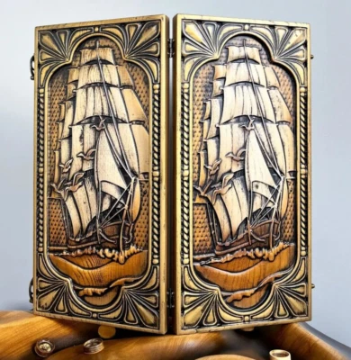 Premium MADERA BACKGAMMON Set Juego Nuevo Tablero 48cm (19"), Tallado, Velero Foto 1 de 4