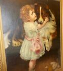 Antique Oil PAINTING Victorian Edwardian GIRL with COLLIE DOG