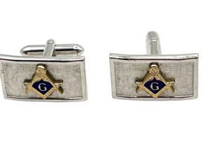Vintage Masonic Cufflinks Square & Compass Symbol Rectangular Silver & Gold Tone - Picture 1 of 4