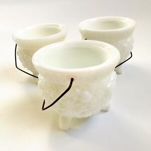 Milk Glass Cauldron Candleholders Daisy & Button Pattern - Set Of 3