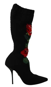 DOLCE & GABBANA Shoes Black Stretch Socks Red Roses Booties EU37.5/US7 RRP $1900 - Picture 1 of 11