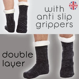 Mens Luxury Bed Socks Black Lounge Socks Size 6 - 11 With Non Slip Gripps Warm - Picture 1 of 6