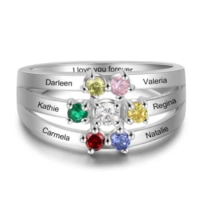 Personalized Elegant Mother's Day Ring 7 Birthstones 6 Names 925 Sterling Silver - Picture 1 of 6