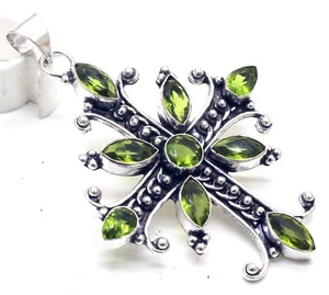 925 Sterling Silver Green Peridot Gemstone Jewellery Cross Pendant Size-3 - Picture 1 of 8