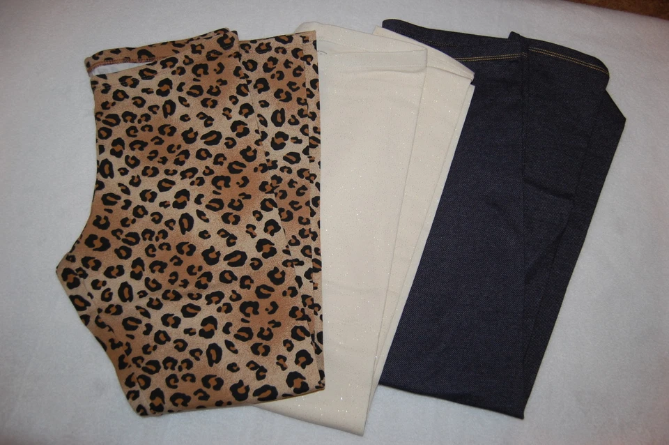 Leggings femininas LOTE 3 PARES azul denim aparência marfim com brilho dourado marrom leopardo XS - Imagem 1 de 1