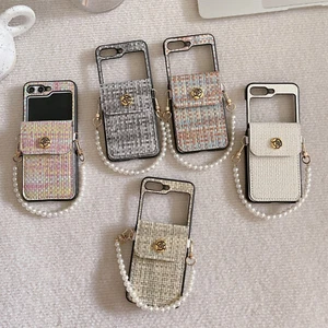 For Samsung Galaxy Z Flip 6 5 4 3 Phone Case Cover Woven Card Wallet Pearl Chain - Zdjęcie 1 z 17