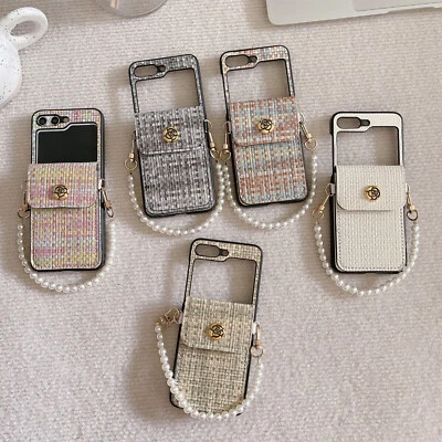 Case For Samsung Galaxy Z Flip 7/6/5/4 Woven Card Wallet Pearl Chain Phone Cover - Image 1 of 4