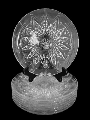 Vintage Clear Pressed Glass Salad Lunch Plates Diamond Starburst 7.5" Set of 8 - Image 1 of 4