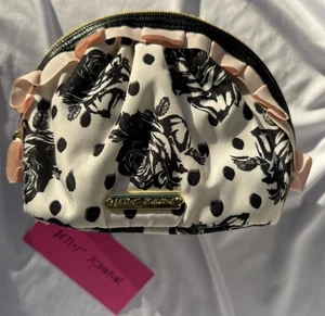 Betsey Johnson Cosmetic Small Makeup Bag Ruffle  Black/White Floral, NWT - Picture 1 of 7
