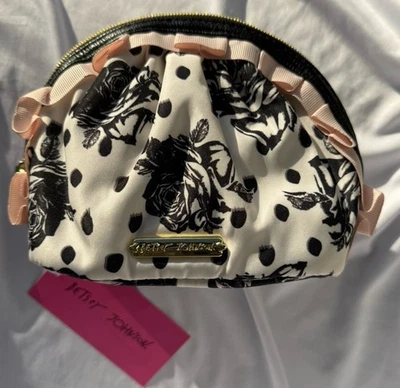 Betsey Johnson Cosmetic Small Makeup Bag Ruffle  Black/White Floral, NWT - Image 1 of 4