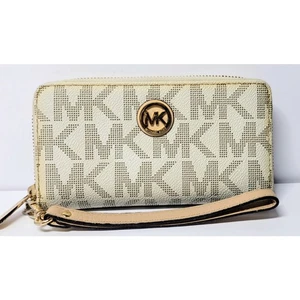 MICHAEL KORS MK LOGO FULTON PULSERA GRANDE CARTERA CREMALLERA ALREDEDOR DISEÑADOR CLÁSICO  - Imagen 1 de 10