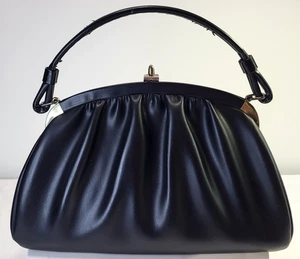Vintage Black Ruched Frame Handbag Kiss Lock Top Handle Purse w/ EXCEL Zipper - Picture 1 of 24