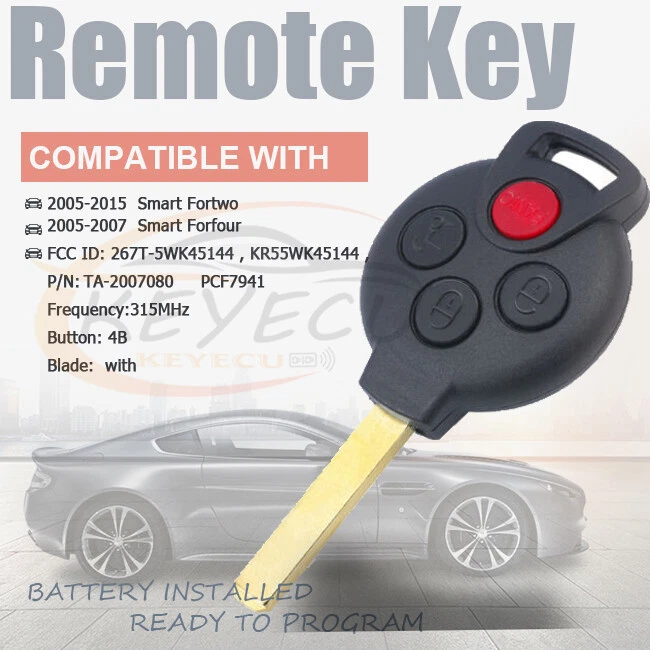 Keyless Entry Remote key Fob for Mercedes-Benz Smart Fortwo Forfour 2005-2015 4B - Imagem 1 de 4