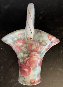 FORMALITIES BAUM BROS PORCELAIN BASKET 9” VASE COTTAGE ROSES GOLD ACCENTS - Picture 1 of 10