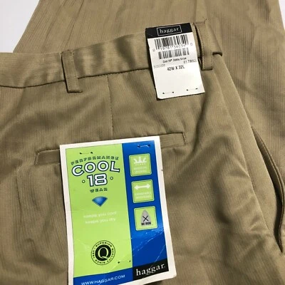 Pantalones de vestir Haggar Performance Cool 18 para hombre beige sarga 42 X 32 nuevos con etiquetas sin planchar Foto 1 de 4