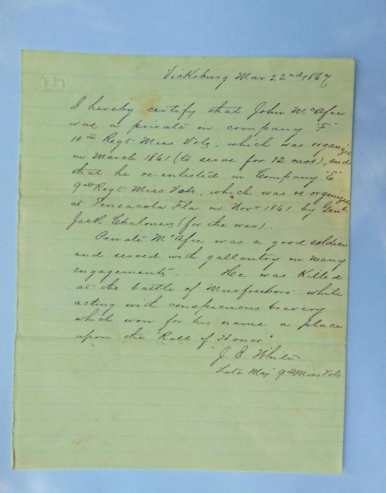 Carta Confederada Guerra Civil John McAfee 10º MS Regt. Batalla de Murfreesboro Foto 1 de 1
