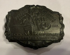 Vtg LIVINGSTON WELLS & CO Belt Buckle Brass Foreign Gold & Domestic Dealers - Picture 1 of 8