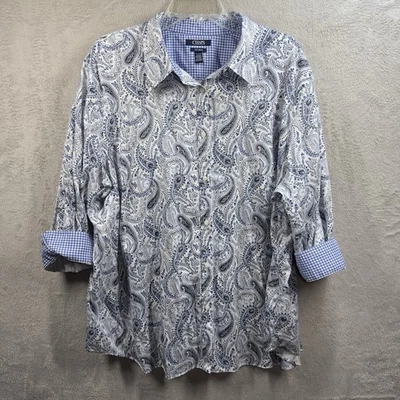 Chaps No Iron Button Front Shirt Women’s 3X Blue Ditsy Floral Flip Cuff Sleeves - Image 1 of 4