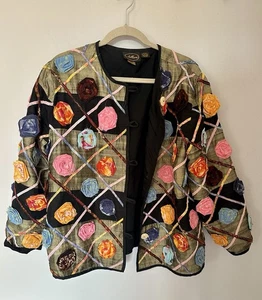 Vintage Allure Art To Wear Jacke XL Rosetten Applikation Seidenmischung Boho Festival - Bild 1 von 11
