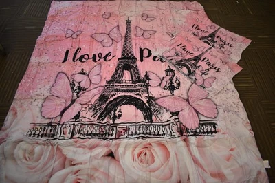 Edredón I Love Paris tamaño completo/queen con 2 fundas de almohada ropa de cama rosa/negro Foto 1 de 4
