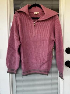 New Easel Women's Clothing Plum 1/4 Zip Loose Knit Sweater Small Brown Stripe - Image 1 of 4