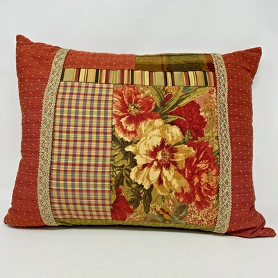 Vtg Throw Pillow Red Floral Plaid Patchwork Tapestry French Provincial Cottage - Image 1 of 4