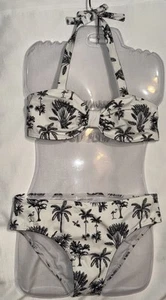 Bikini Janie And Jack Niña Talla 14 Blanco Negro Estampado Palma Usado en Excelente Condición - Imagen 1 de 11