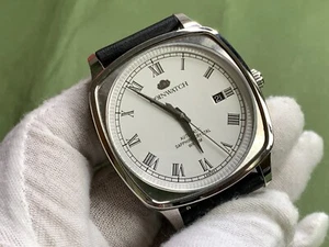 Swiss Coin watch Date Silver Dial Black Leather 26 Jewels Automatic Men's Watch - Picture 1 of 19