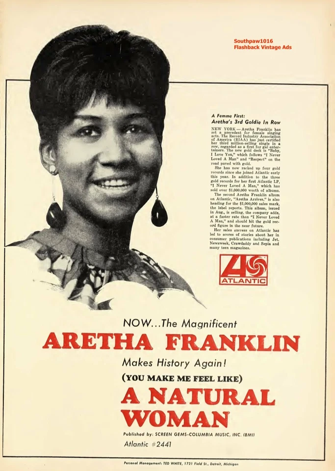 1967 Aretha Franklin "A Natural Woman" Song Release Promo Advertisement Print - Image 1 of 1