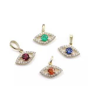 Mini Diamond Evil Eye 14k Solid Yellow Gold ALL Natural Gemstones Cute Size Eye - Picture 1 of 15