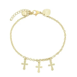 Brazalete de 3 cruces crucifijo enchapado en oro 14K. Cuentas de campana. - Imagen 1 de 5