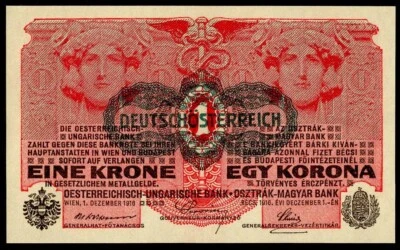 AUSTRIA 1 KRONE 1916 P#49 UNC WWI OVERPRINTED IN 1919 BY DEUTSCHOSTERREICH - Image 1 of 2