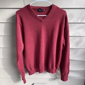 Saks Fifth Avenue Sweater Mens XL Red Knit Wool V-neck Pullover Preppy Holiday - Picture 1 of 9