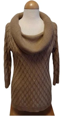 Jaclyn Smith Gold Metallic Tread Waffle Knit Cowl Neck Sweater Women's SZ M - Image 1 of 4