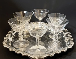 6 ~ Copas de champán de cristal vintage grabadas boho mezcla de cortesía - Imagen 1 de 7