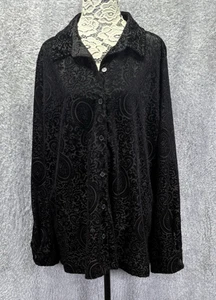 Womens XXL Velvet Burnout Top Button Black Floral Fairy Grunge Whimsigoth Witchy - Picture 1 of 6