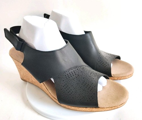 Sandalo donna Clarks Lafley Joy taglia 12 tacco zeppa sughero pelle marrone slingback