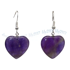 20mm Natural Purple Amethyst Heart Shaped Gemstone Dangle Silver Hook Earrings - Picture 1 of 3