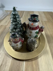 Christmas 5 Piece CANDLE GARDEN 2 Snowmen / Tree /Pinecone / Metal X-MAS Plate - Picture 1 of 3