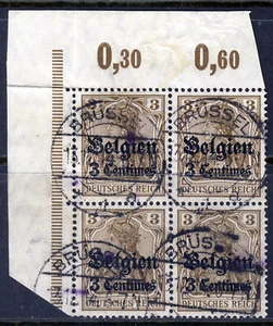GERMAN OCCUPATION OF BELGIUM 1914 Overprinted 3c Germania BLOCK OF FOUR SG 1 VFU - Picture 1 of 2