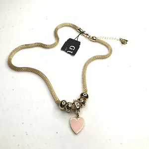 NEW Guess Gold Tone Rope Necklace w/ Charms Pink Heart Diamonds 8” Long - Picture 1 of 8