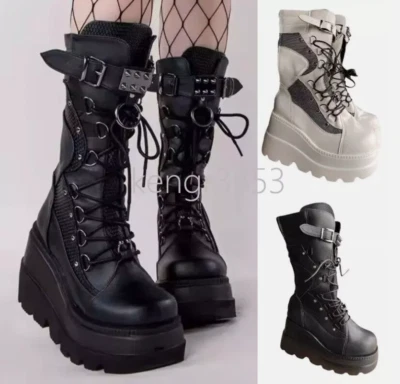 Womens Platform Boots Buckle Strap Punk Goth Boot Ladies Gothic Lace Up Shoes Sz