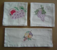 3 Vtg Hand Embroidered Dish Towels Fruit Design Grapes Apple 2 Flour Sack 1 Huck