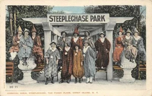 Karneval Mädchen Steeplechase CONEY ISLAND lustiger Ort 1910er selten Vintage Postkarte - Bild 1 von 2